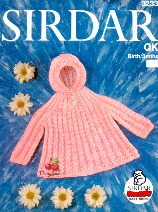 Vintage 1970s baby hooded top jumper knitting pattern. Rare angel top silhouette with a flared hem and practical cosy hood. DK (originally Quicker Knit), 16''–18'', Birth/3 months and 3/6 months.