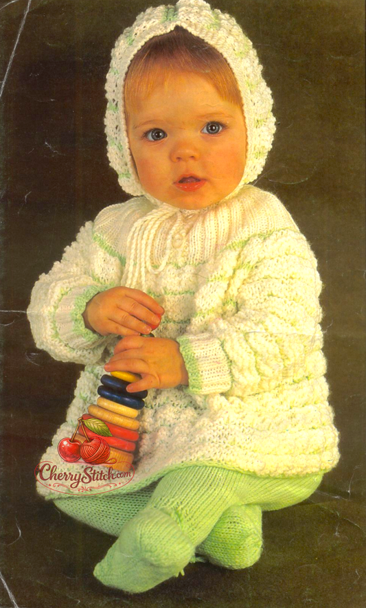 Vintage 1970s baby hooded coat jumper and legginettes set knitting pattern. Hooded coat in warm garter stitch ridges with matching legginettes. DK, 19''–21'', 3/6 months and 6/9 months.