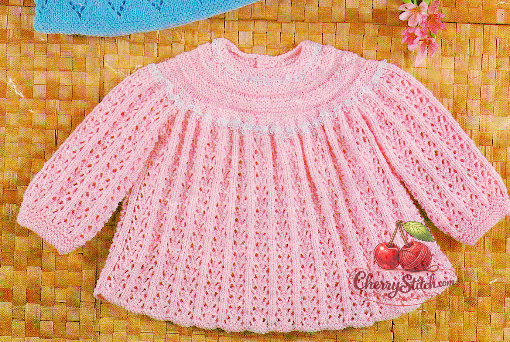 Vintage 1970s baby angel top knitting pattern, design 2. Yoke with delicate lace skirt and sleeves in a different lace stitch. Restored 4-ply pattern.