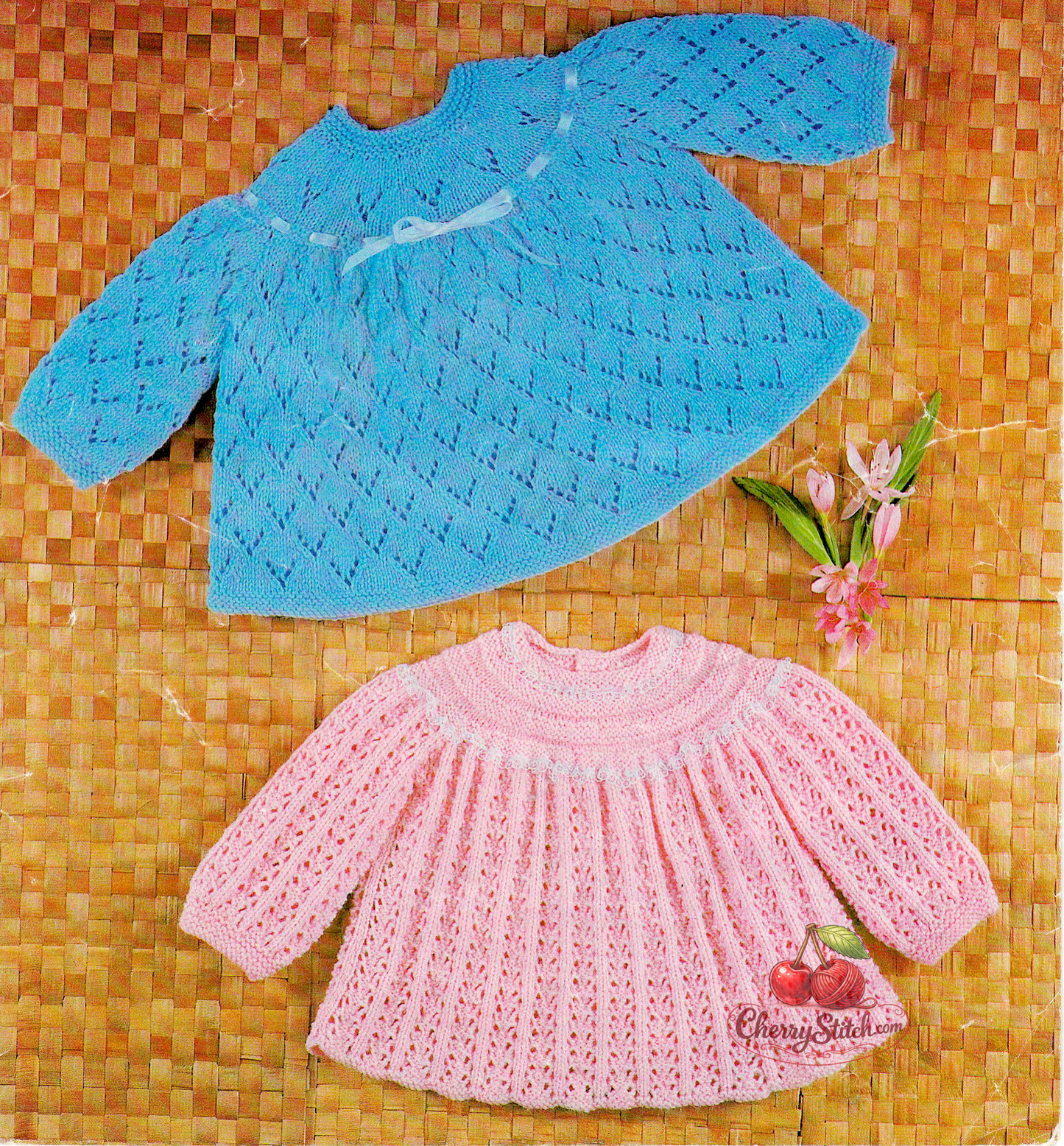 Vintage 1970s baby angel tops knitting pattern. 2 designs — both with neat yokes and wide-swinging lace skirts in the classic angel top silhouette. 4-ply, 18''–19'', Birth/3 months and 3/6 months.