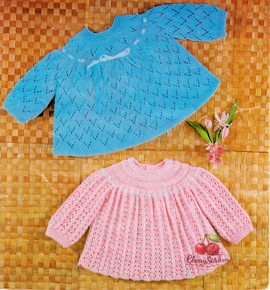Vintage 1970s baby angel tops knitting pattern. 2 designs — both with neat yokes and wide-swinging lace skirts in the classic angel top silhouette. 4-ply, 18''–19'', Birth/3 months and 3/6 months.
