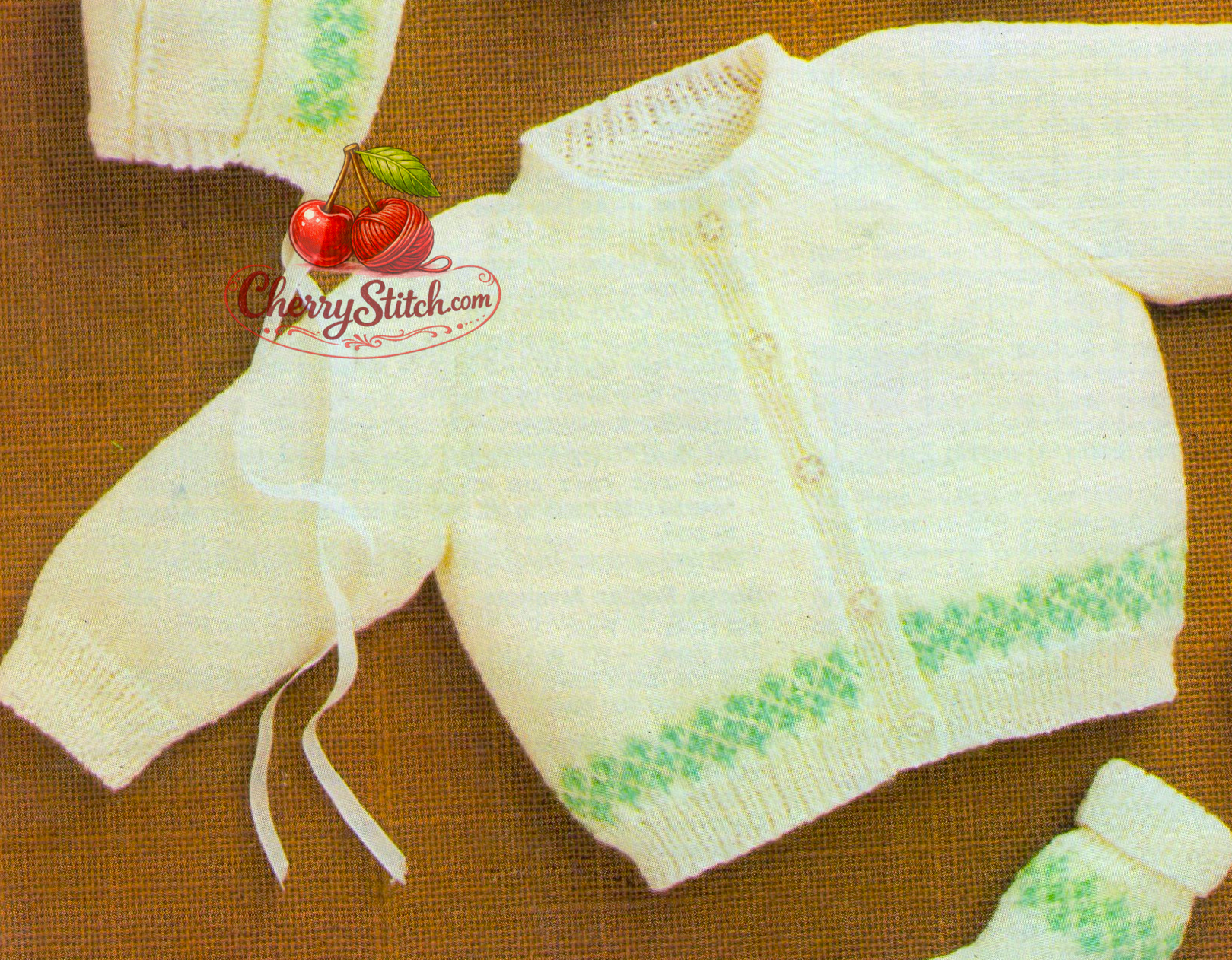 Close-up of raglan button-up cardigan from vintage 1970s baby Fair Isle layette set. Restored knitting pattern in 4-ply — worked in one piece to the armholes with a Fair Isle band.