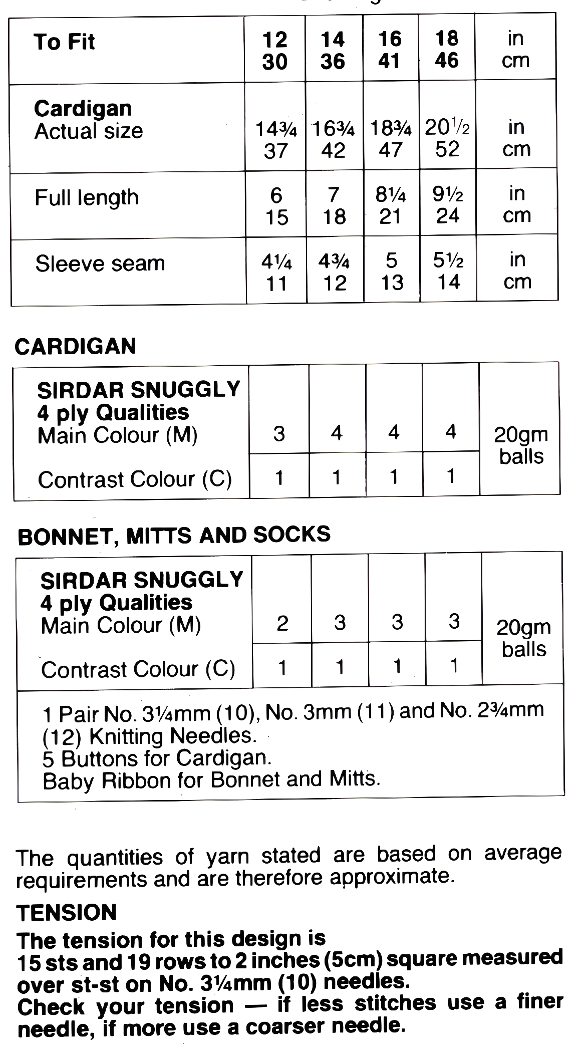 Materials, yarn requirements and measurements for vintage 1970s baby Fair Isle layette set knitting pattern — cardigan, bonnet, mitts and socks, 4-ply, 12''–18''.