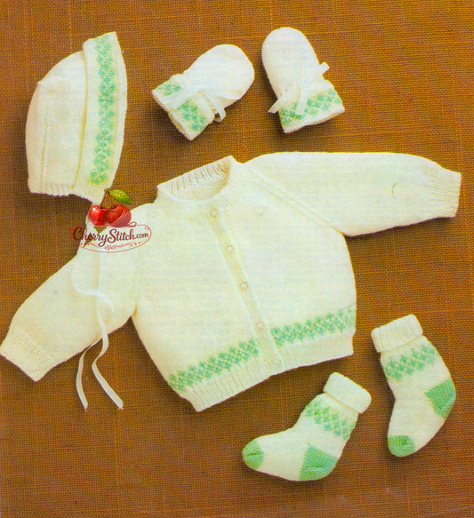 Vintage 1970s baby Fair Isle layette set knitting pattern. 4-piece set — raglan button-up cardigan, bonnet, mitts and socks, all in stocking stitch with a horizontal Fair Isle band. 4-ply, 12''–18'', Tiny Premature to 6 months.