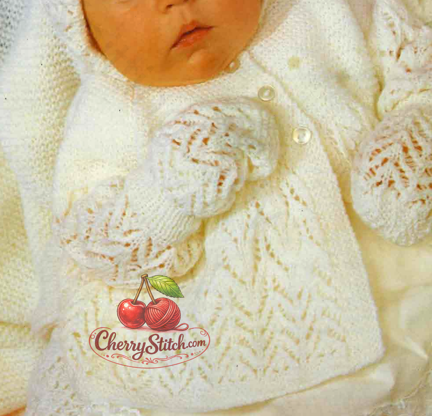 Close-up of horseshoe lace stitch on vintage 1980s baby lace layette set. Restored knitting pattern in 3-ply — delicate, antique-quality lace with a classic heirloom feel.