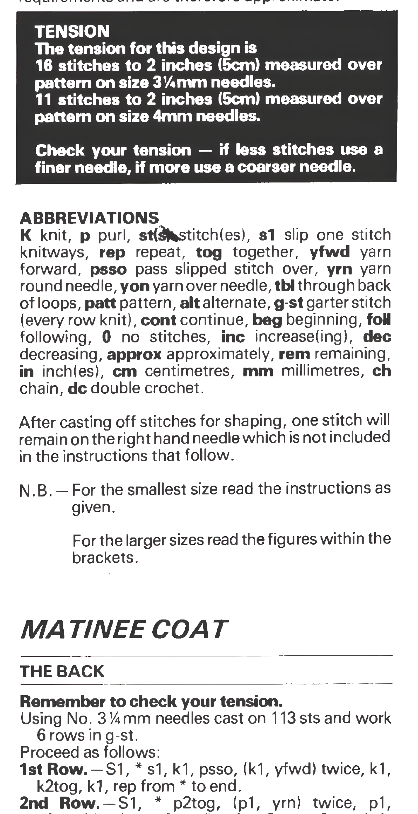 Materials, tension, yarn requirements and measurements for vintage 1980s baby lace layette and shawl set knitting pattern — matinee coat cardigan, bonnet, bootees, mitts and shawl, horseshoe and zigzag lace, 3-ply, 14''–18''.