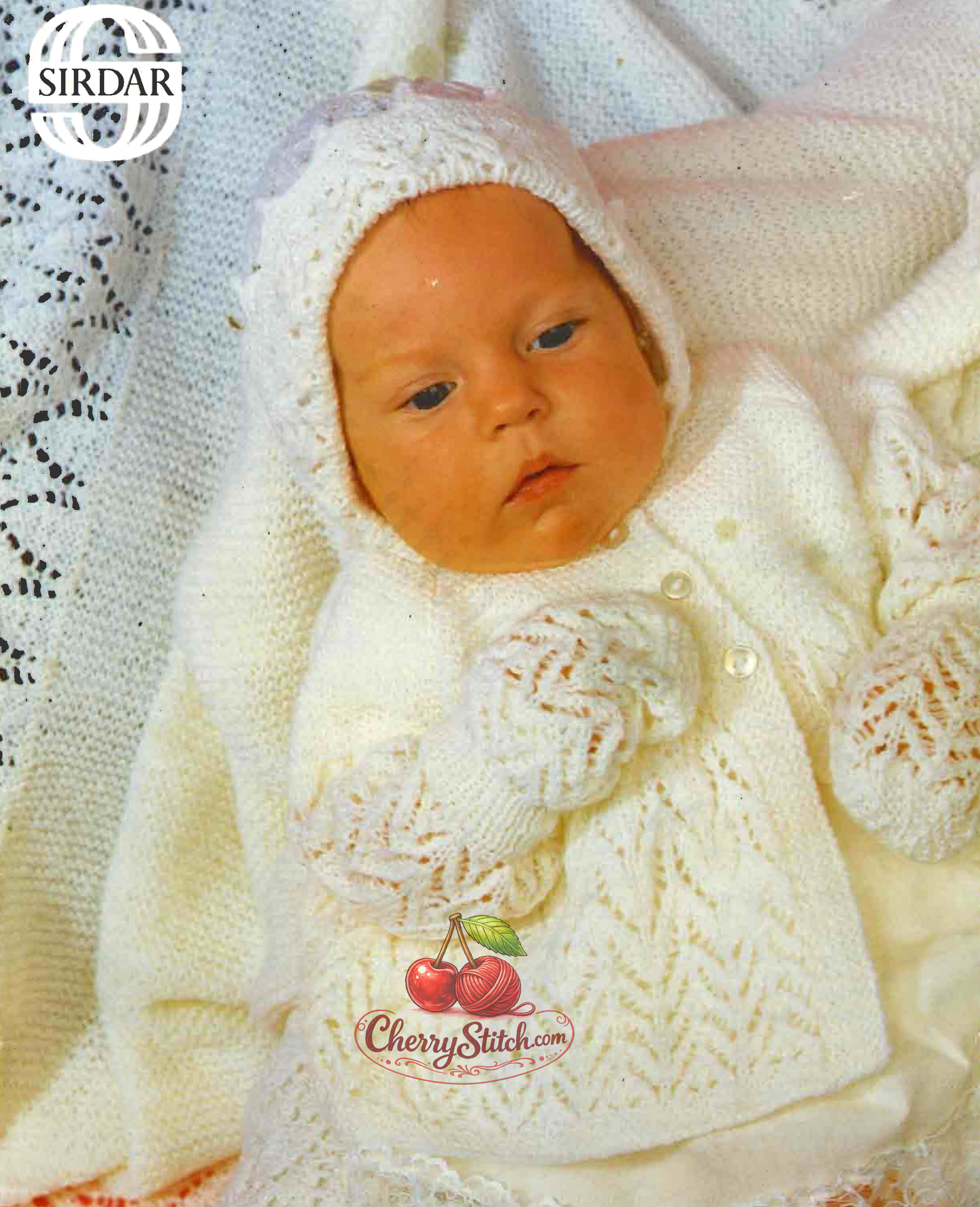 Vintage 1980s baby lace layette and shawl set knitting pattern. 5-piece christening set — matinee coat cardigan, bonnet, bootees, mitts and shawl in horseshoe and zigzag lace. 3-ply, 14''–18'', Premature to 6 months.