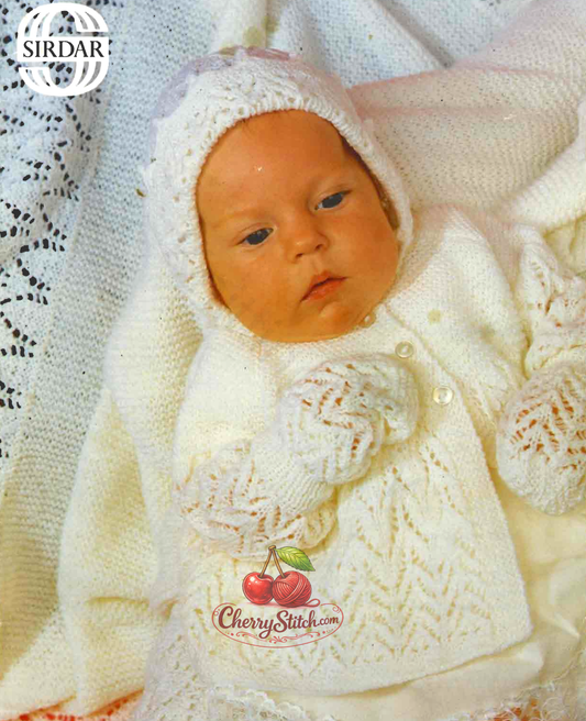 Vintage 1980s baby lace layette and shawl set knitting pattern. 5-piece christening set — matinee coat cardigan, bonnet, bootees, mitts and shawl in horseshoe and zigzag lace. 3-ply, 14''–18'', Premature to 6 months.