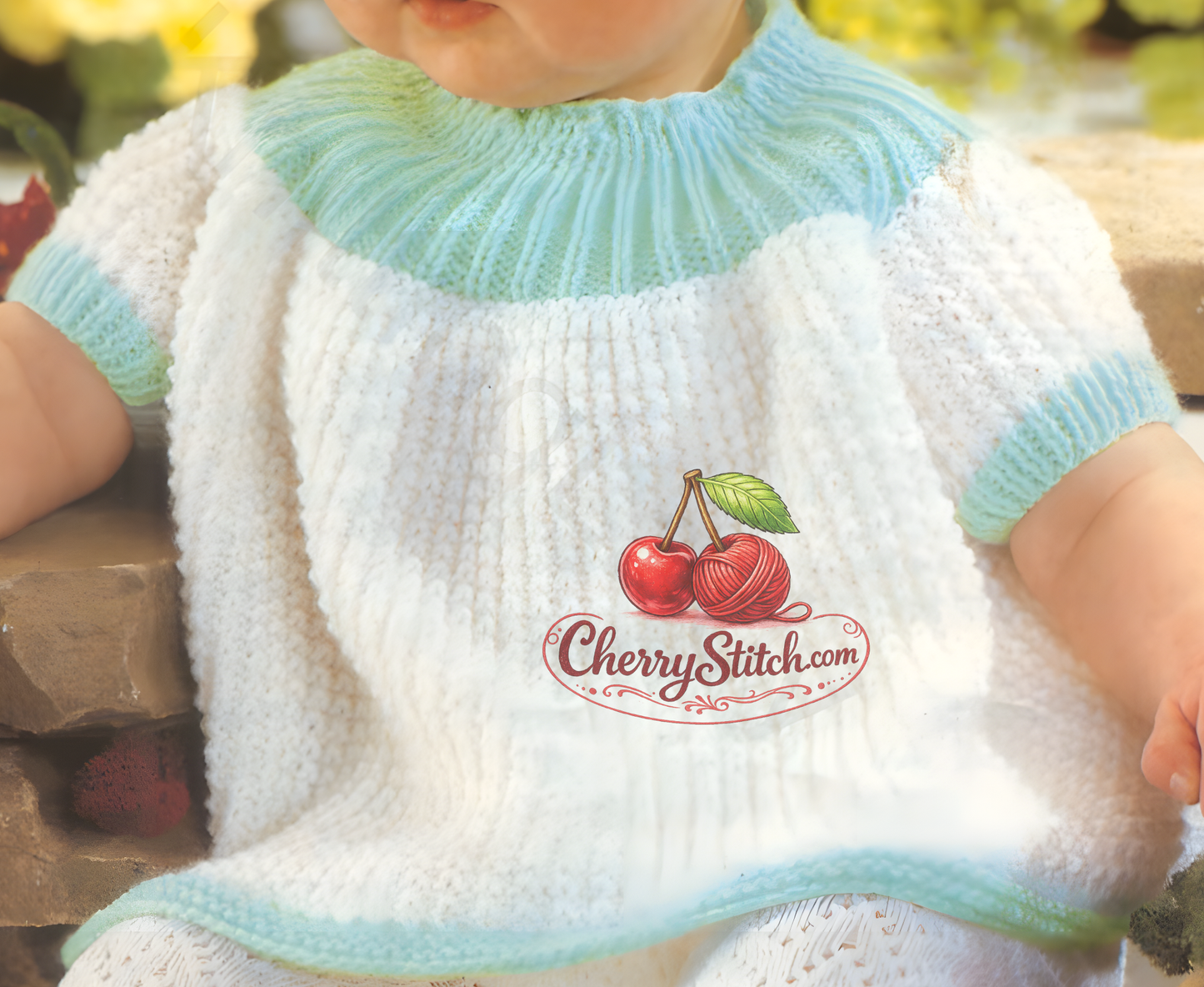 Close-up of the wide flared textured skirt on vintage 1970s baby angel top knitting pattern. Restored knitting pattern in DK yarn — charming stitch texture with a timeless silhouette.