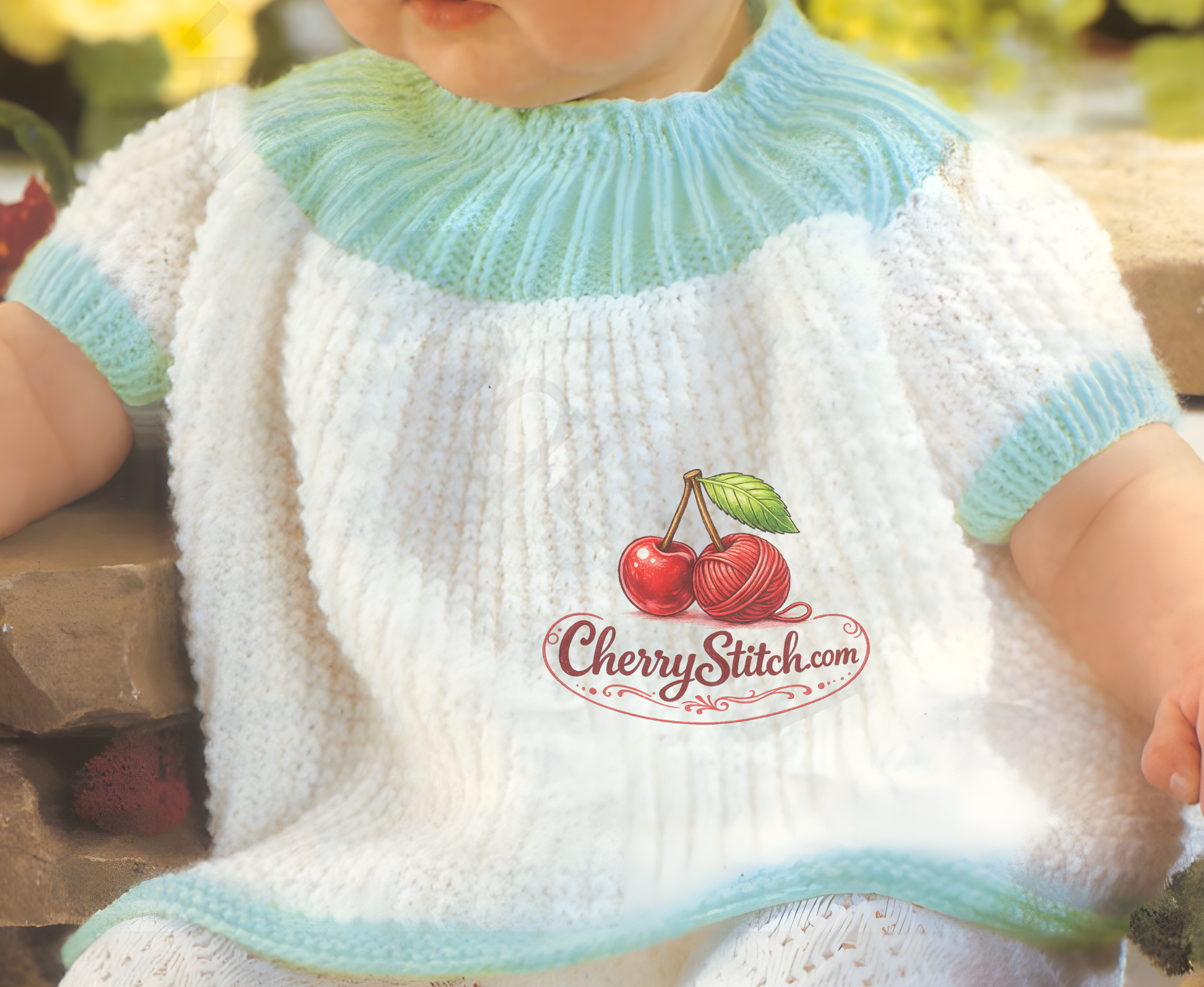 Close-up of the wide flared textured skirt on vintage 1970s baby angel top knitting pattern. Restored knitting pattern in DK yarn — charming stitch texture with a timeless silhouette.