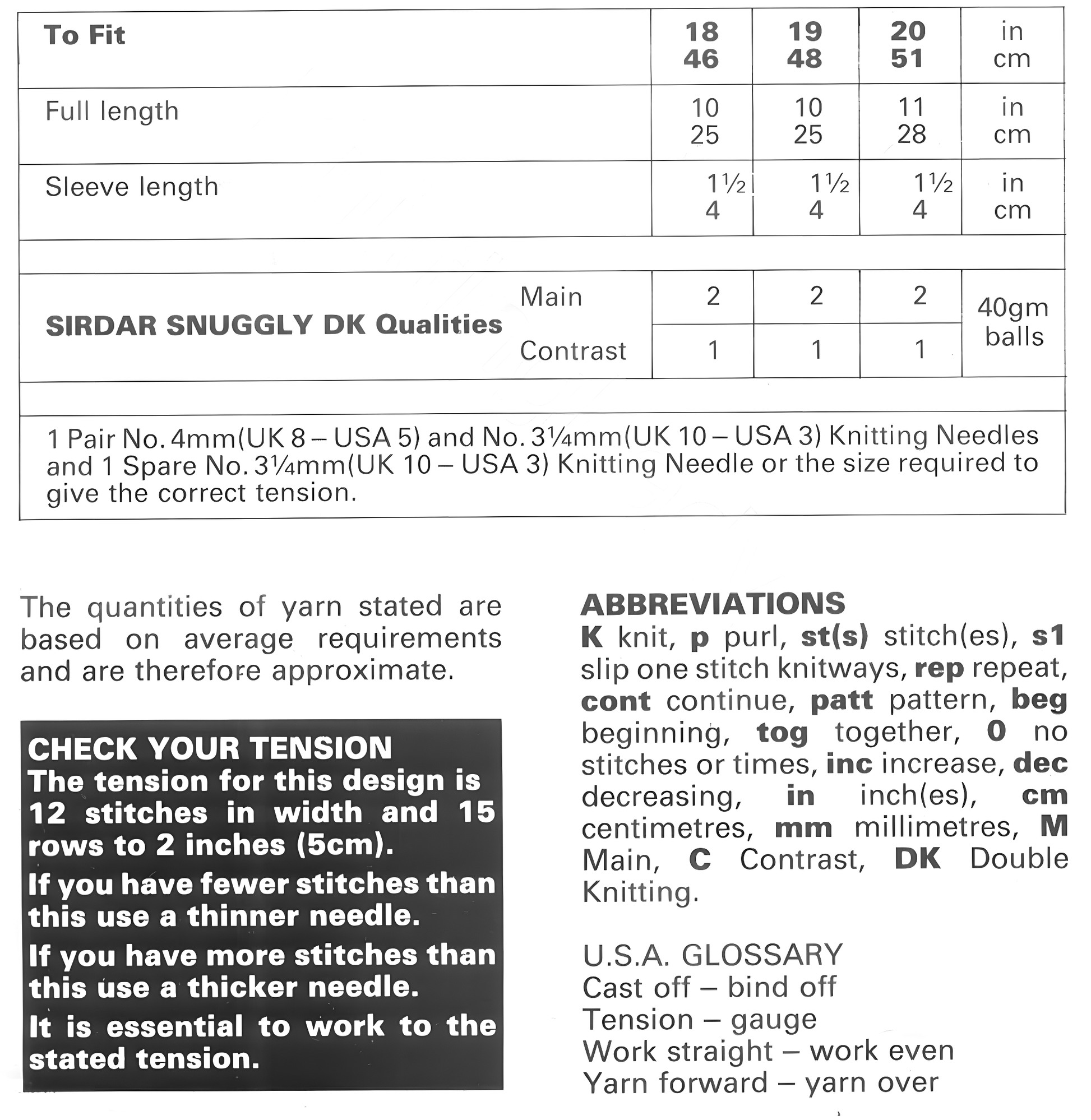 Materials, yarn requirements and measurements for vintage 1970s baby angel top knitting pattern — short-sleeved top with ribbed yoke and flared skirt, two colours, DK yarn, 18'' – 19'' – 20'' (46 – 48 – 51 cm).
