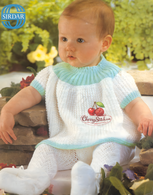 Vintage 1970s baby angel top knitting pattern. Short-sleeved top with ribbed yoke and wide flared textured skirt in two colours. DK yarn, 18''–20'', Birth/3 months to 6/9 months.