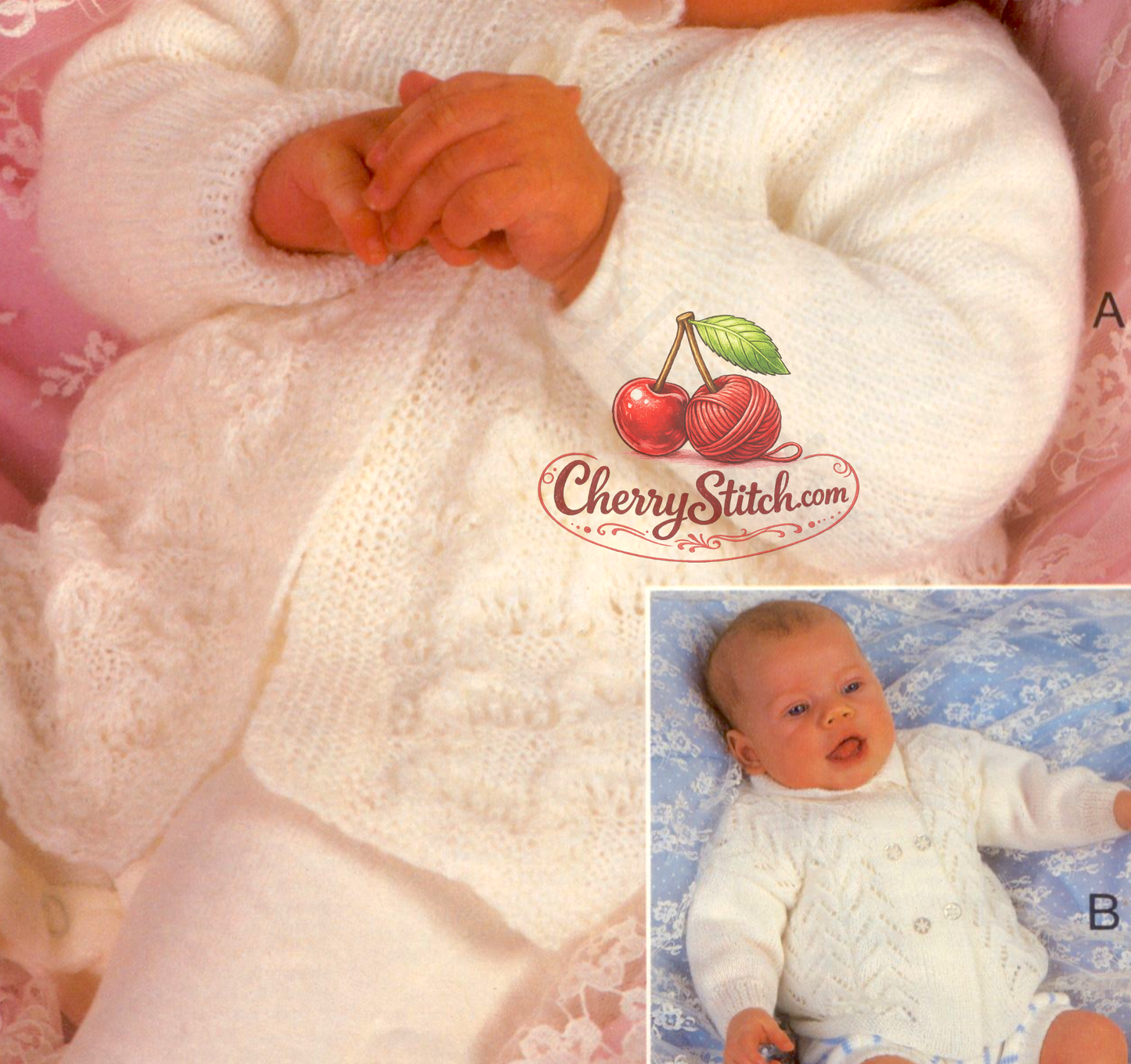 Close-up of lace designs from vintage 1970s premature baby matinee coat cardigan knitting pattern. Restored designs in 2-ply  and 3-ply — delicate, cloud-like lace for the tiniest babies.