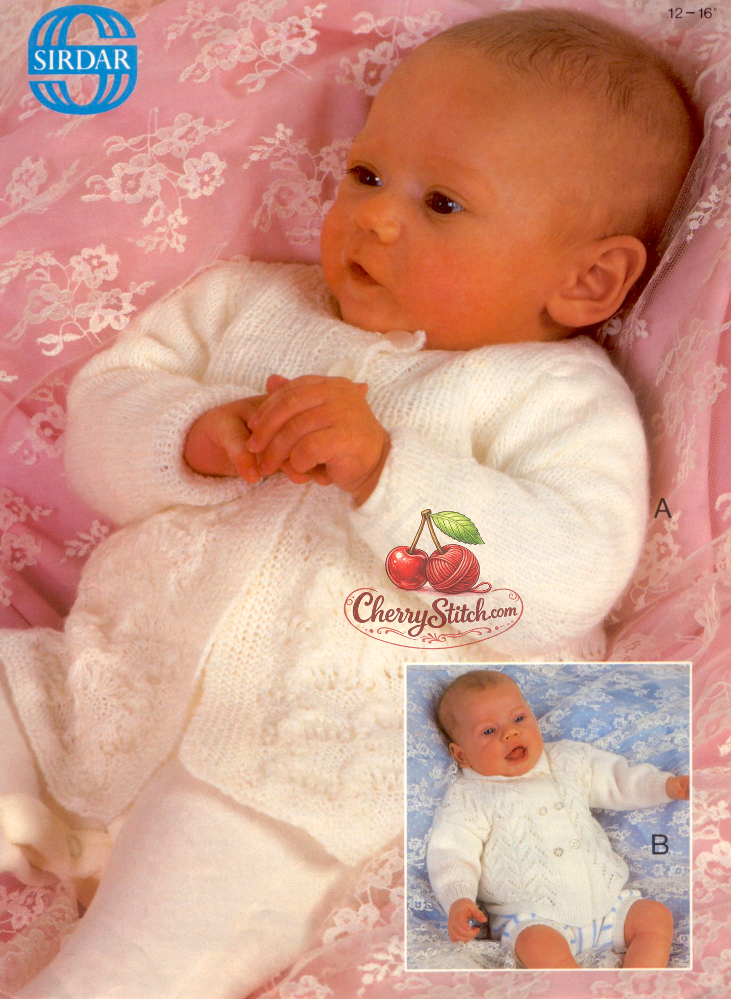 Vintage 1970s tiny premature baby matinee coat cardigan knitting pattern. Two lace designs — one in 2-ply, one in 3-ply. Sizes 12'' – 14'' – 16'' (30 – 36 – 41 cm), approx. Tiny Premature – Premature and Birth.