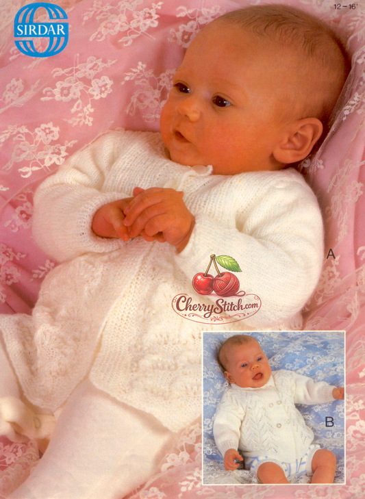 Vintage 1970s tiny premature baby matinee coat cardigan knitting pattern. Two lace designs — one in 2-ply, one in 3-ply. Sizes 12'' – 14'' – 16'' (30 – 36 – 41 cm), approx. Tiny Premature – Premature and Birth.