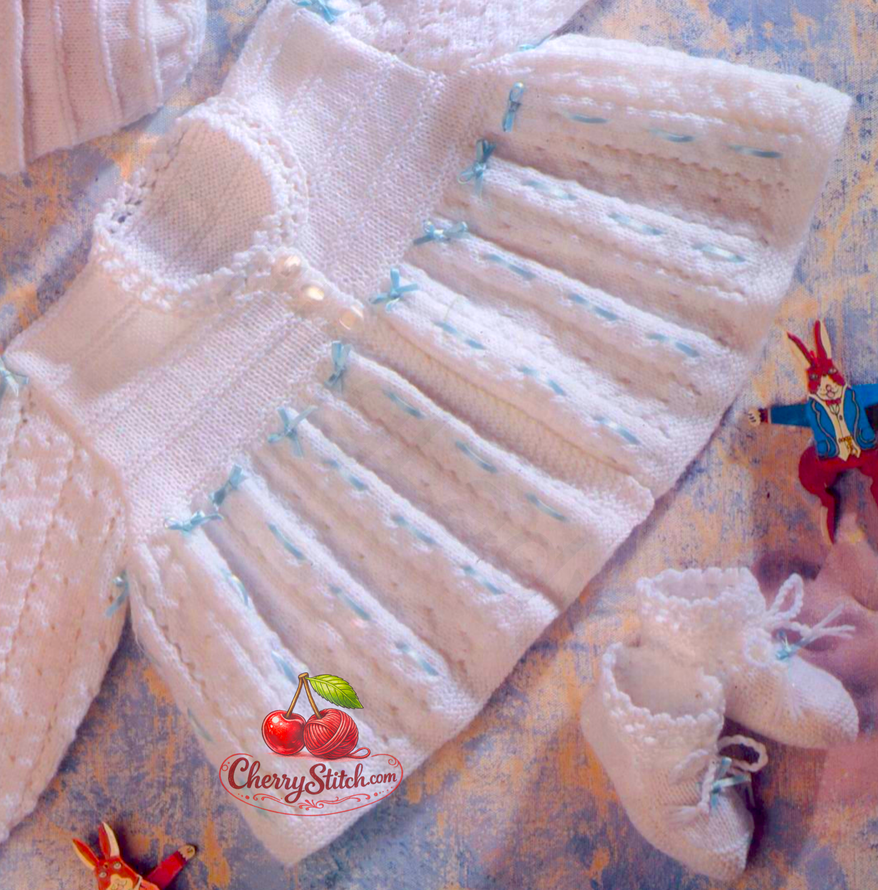 Close-up of the wide flared lace skirt on vintage 1980s baby matinee coat cardigan knitting pattern. Restored design in 3-ply — a sweeping heirloom lace with a timeless, cloud-like quality.