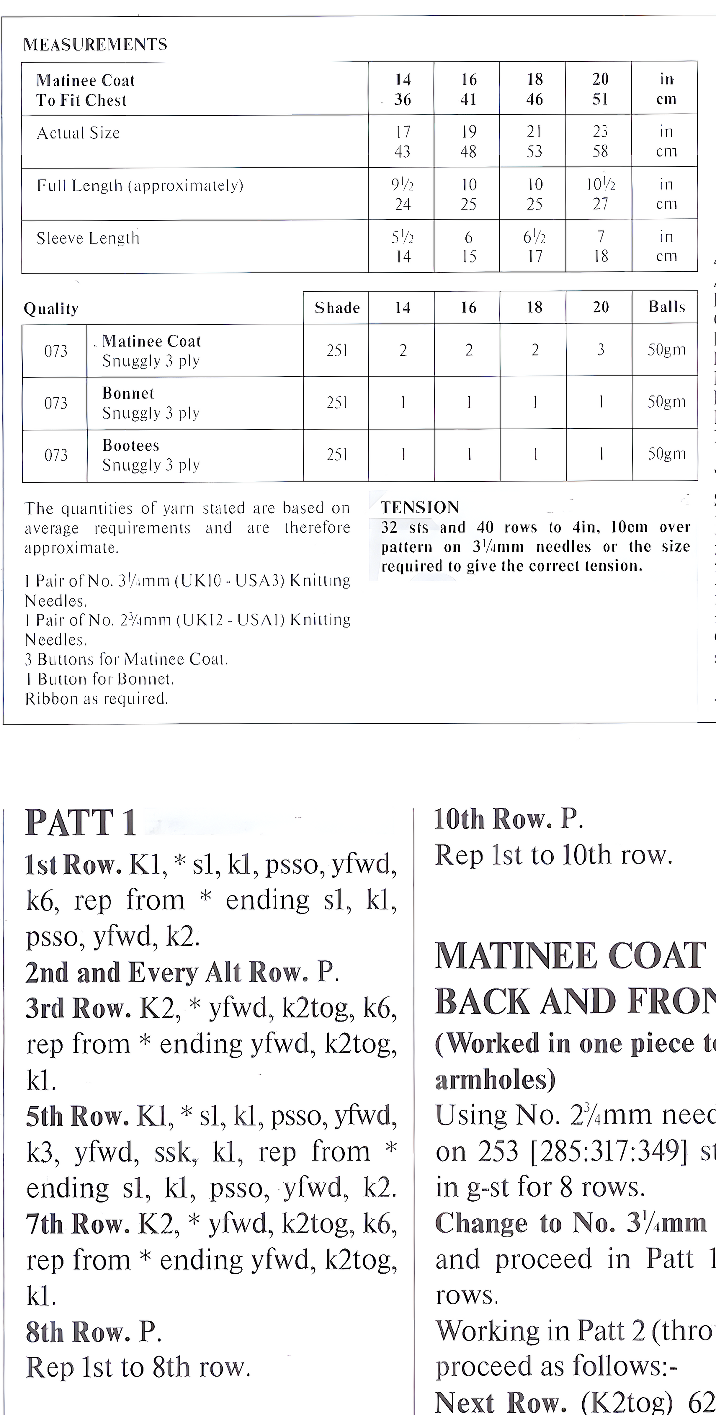 Materials, yarn requirements and measurements for vintage 1980s baby matinee coat cardigan, bonnet and bootees set knitting pattern — flared lace skirt, 3-ply, 14'' – 16'' – 18'' – 20'' (36 – 41 – 46 – 51 cm), Premature to 12 months.