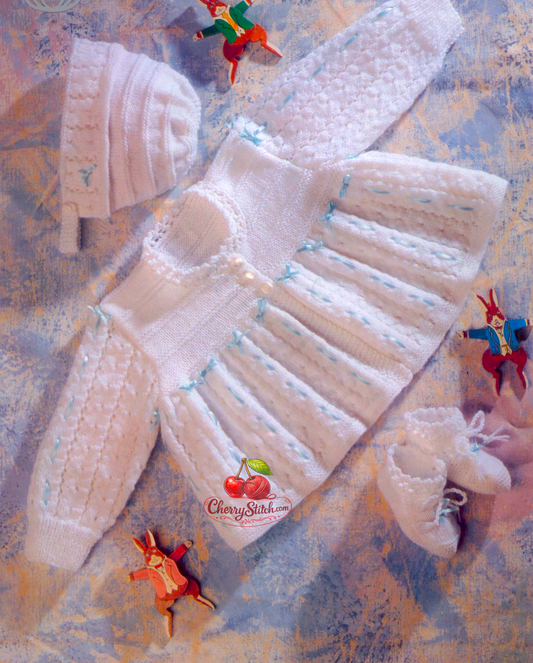 Vintage 1980s baby matinee coat cardigan, bonnet and bootees set knitting pattern. Wide-swinging flared lace skirt, coat worked in one piece to armholes. 3-ply, 14''–20'', Premature to 12 months.