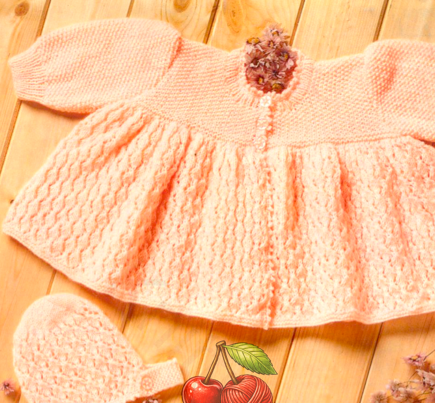 Close-up of the matinee coat from vintage 1980s baby girl dress, matinee coat and bonnet set knitting pattern. Restored design in 4ply moss stitch and lace.