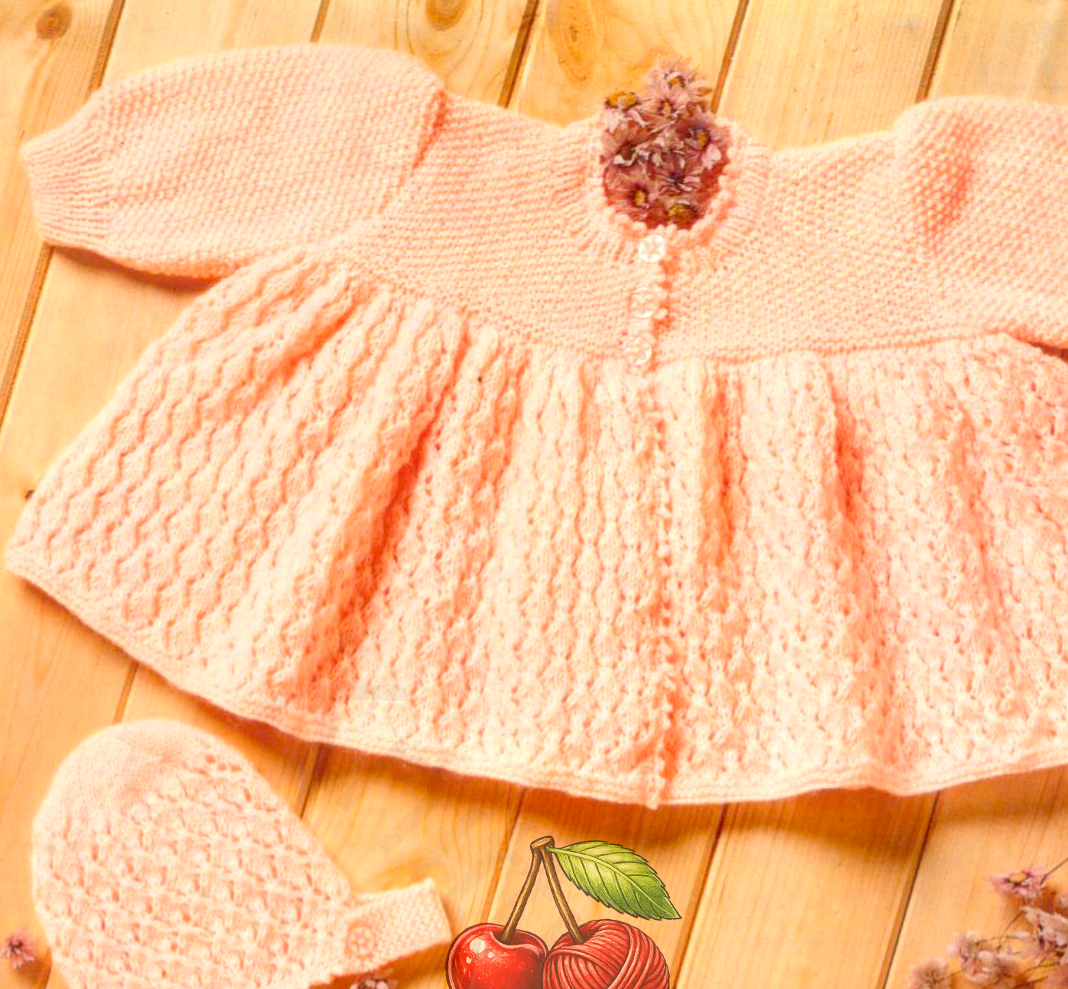 Close-up of the matinee coat from vintage 1980s baby girl dress, matinee coat and bonnet set knitting pattern. Restored design in 4ply moss stitch and lace.