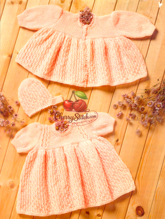 Vintage 1980s baby girl dress, matinee coat and bonnet set knitting pattern. Short-sleeved dress in moss stitch and small lace. 4ply, 12''–20'', Tiny Premature to 12 months.