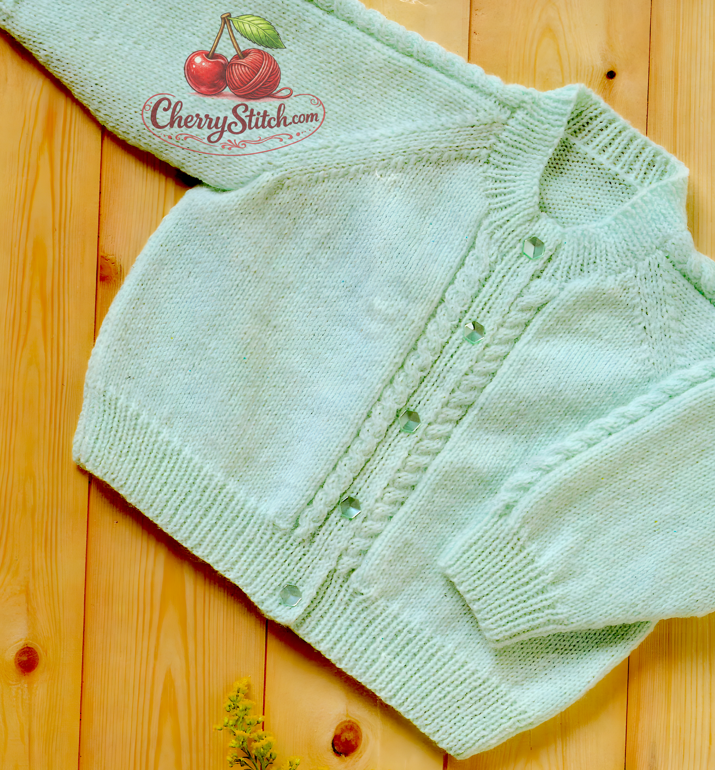 Close-up of vintage 1970s baby raglan cardigan knitting pattern. Restored easy knit design in 4ply — horizontal cable panels on sleeves and button bands, round neck, for baby boys and girls.