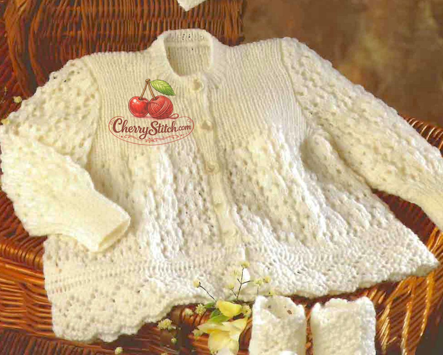 Close-up of the A-line lace skirt and scalloped diamond lace edging on vintage 1980s baby matinee coat cardigan knitting pattern. Restored design in 4-ply — an intricate heirloom lace with a timeless, delicate quality.