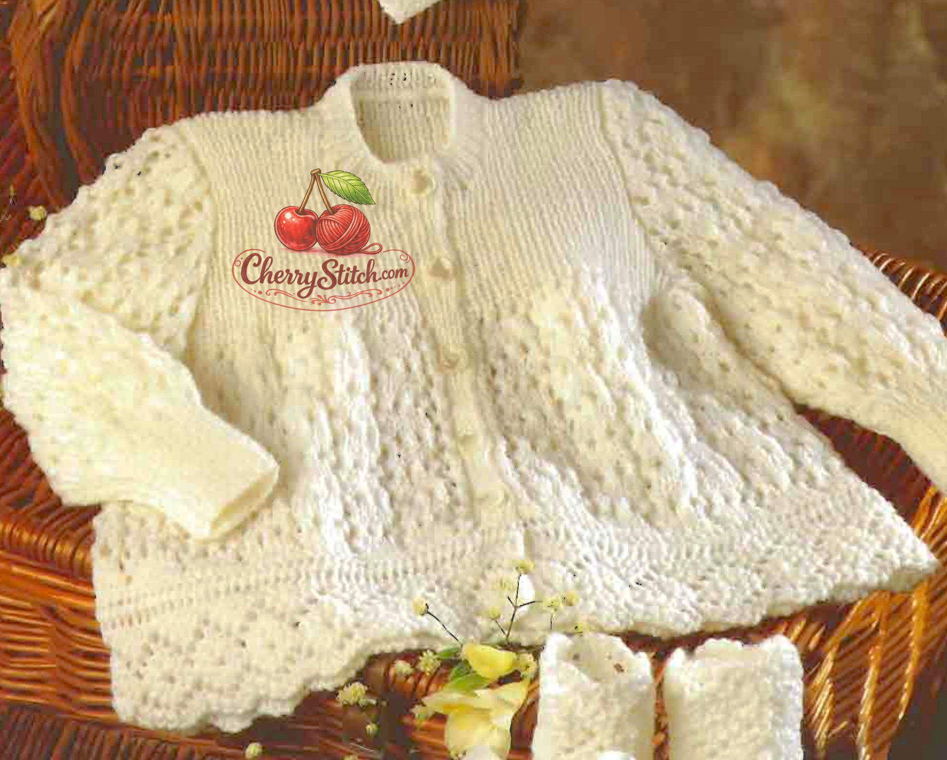 Close-up of the A-line lace skirt and scalloped diamond lace edging on vintage 1980s baby matinee coat cardigan knitting pattern. Restored design in 4-ply — an intricate heirloom lace with a timeless, delicate quality.