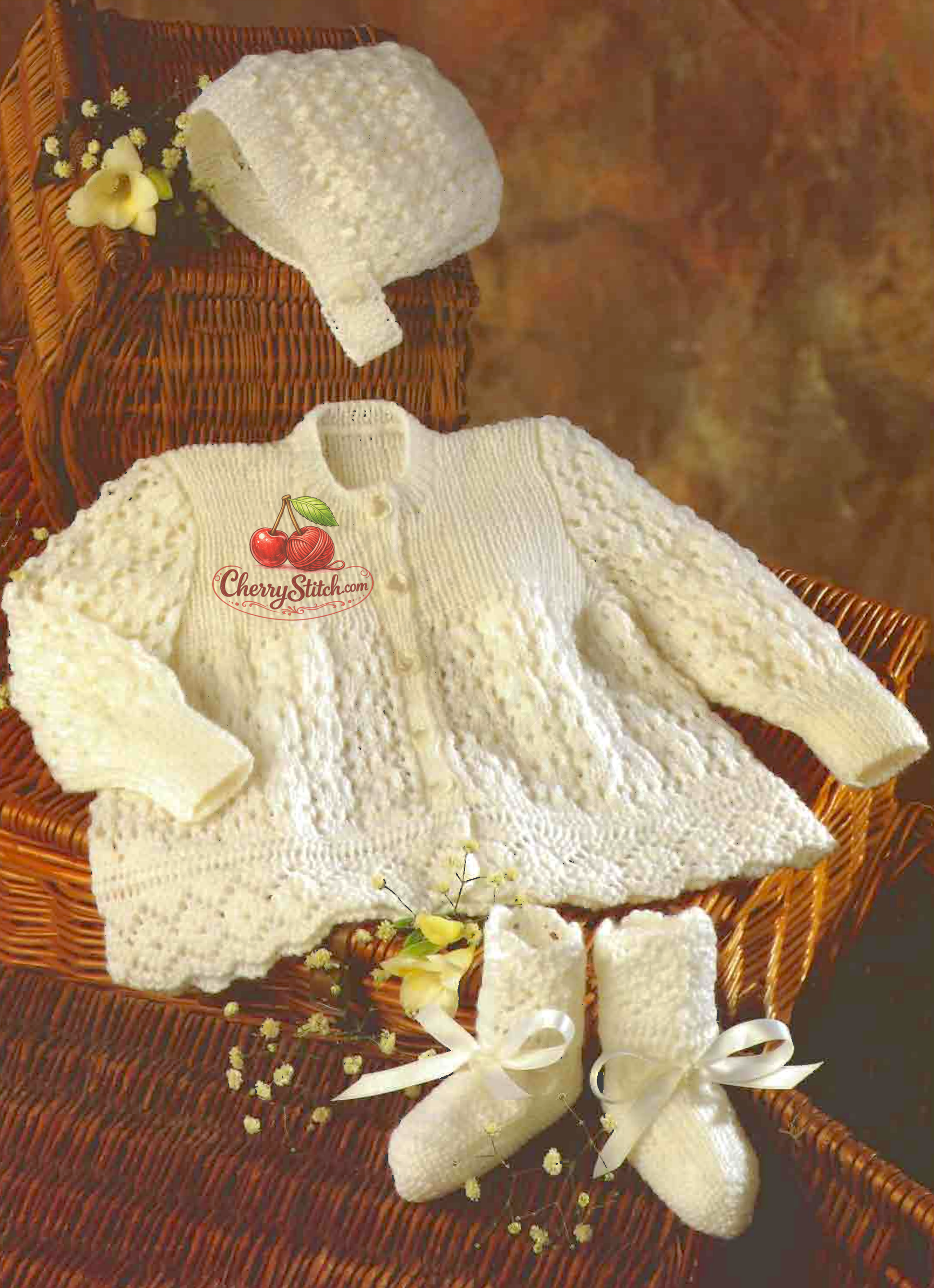 Vintage 1980s baby lace matinee coat cardigan, bonnet and bootees set knitting pattern. Wide A-line skirt in airy lace stitch with scalloped diamond lace edging. 4-ply, 14''–20'', Birth to 6/9 months.