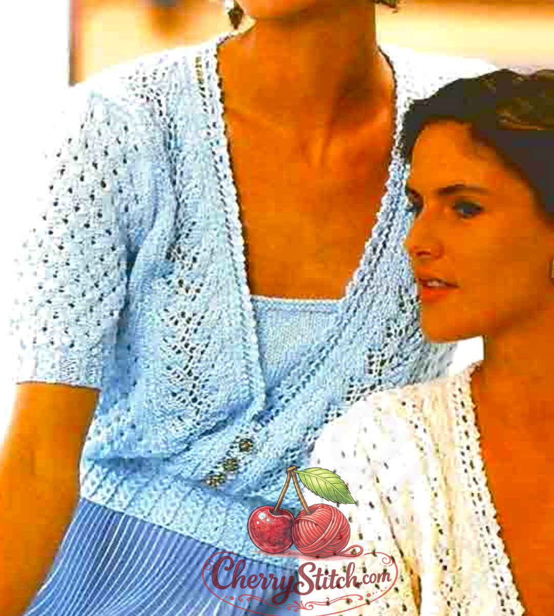 Close-up of leaf lace panels and deep V neckline on vintage 1980s women's lacy top knitting pattern. Restored design in DK — an airy, elongating lace with a timeless summer elegance.