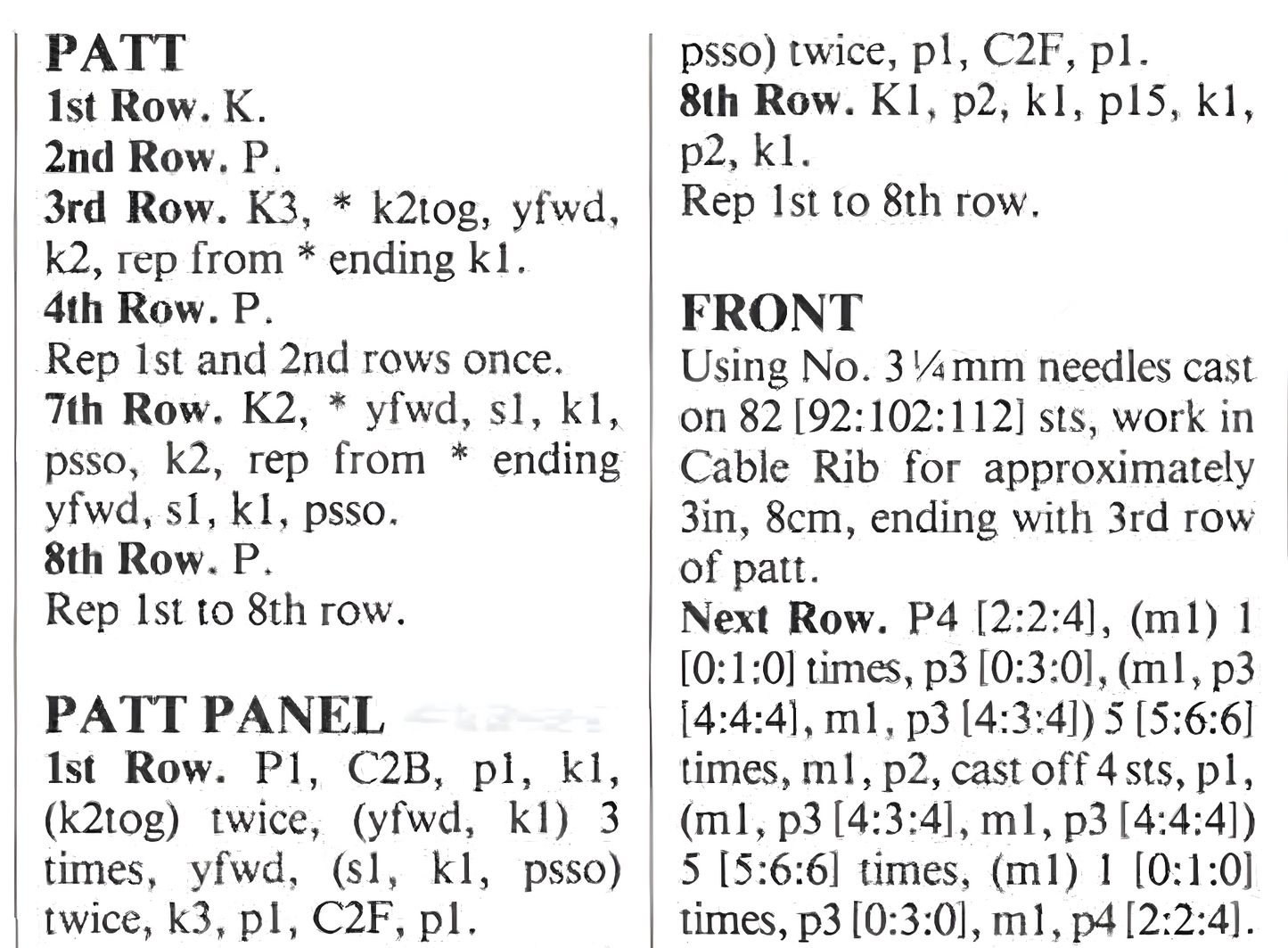 Materials, yarn requirements and measurements for vintage 1980s women's lacy top knitting pattern — leaf lace panels, eyelet sleeves, deep V-neck, DK, 30/32'' – 34/36'' – 38/40'' – 42/44'' (76/81 – 86/91 – 97/102 – 107/112 cm).