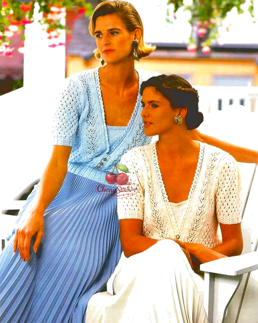 Vintage 1980s women's lacy summer top knitting pattern. Vertical leaf lace panels, deep V neckline and eyelet lace sleeves. DK yarn, 30''–44'', sizes 10–20.