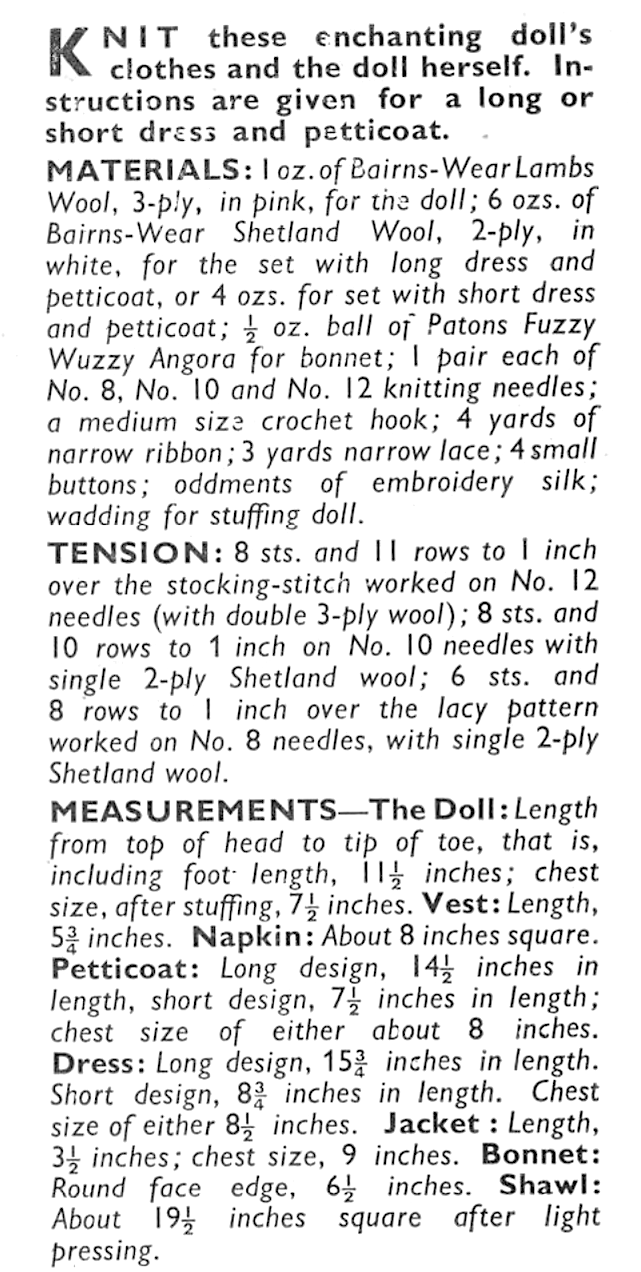 Materials and measurements for vintage 1940s Weldons baby doll & 7-piece lacy layette knitting pattern — soft doll + christening set, 4-ply, fits 10'' doll. Also fits Pedigree or Rosebud baby dolls.