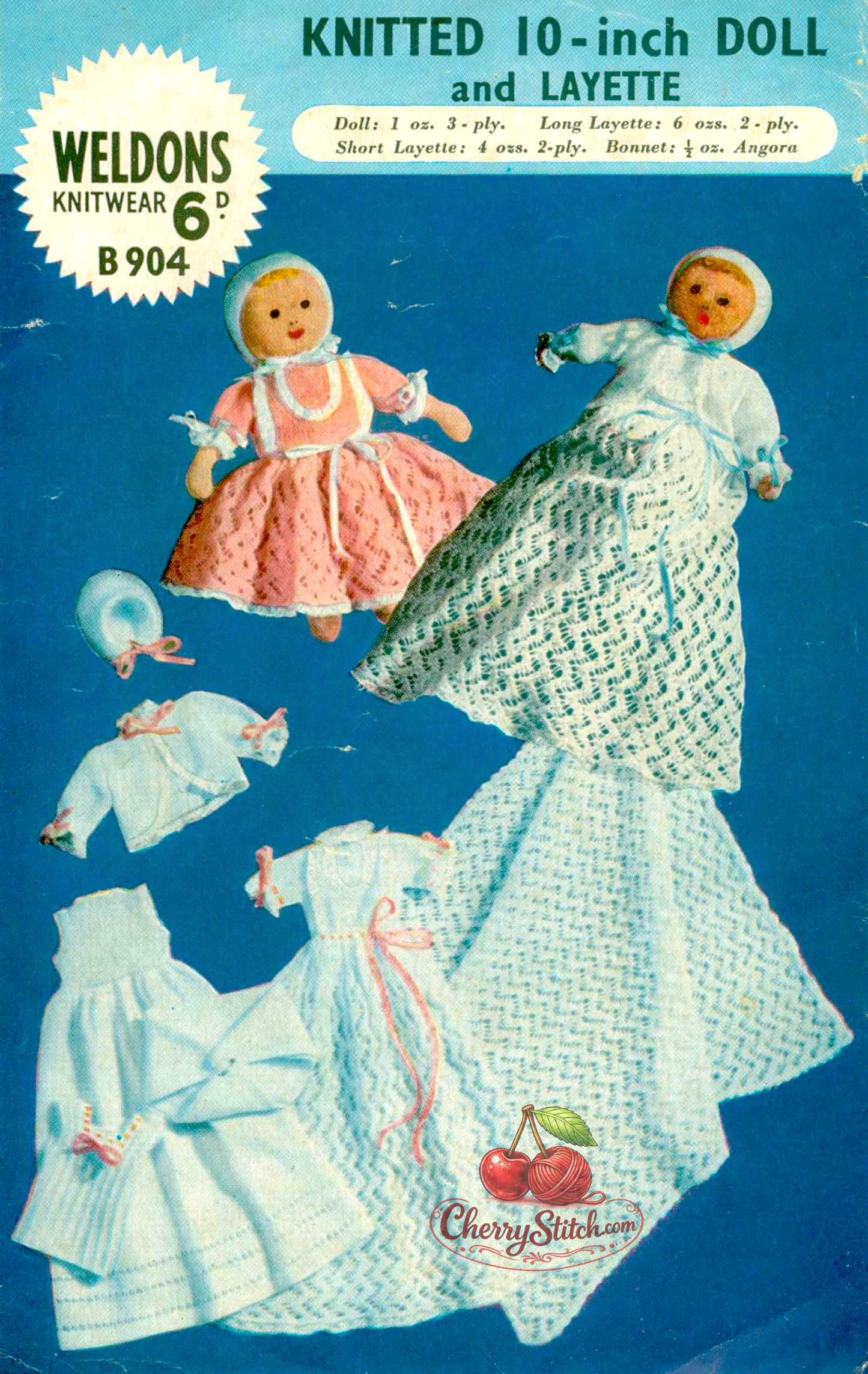 Vintage 1940s Weldons baby doll & 7-piece lacy layette knitting pattern. Knit the 10'' soft doll herself plus short dress, long dress, bonnet, vest, napkin, jacket and shawl. 4-ply. A rare wartime heirloom.
