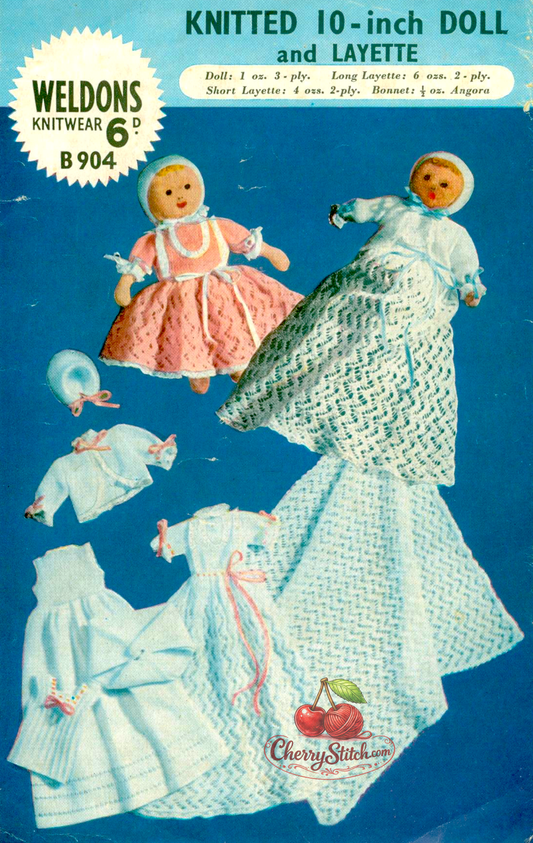 Vintage 1940s Weldons baby doll & 7-piece lacy layette knitting pattern. Knit the 10'' soft doll herself plus short dress, long dress, bonnet, vest, napkin, jacket and shawl. 4-ply. A rare wartime heirloom.