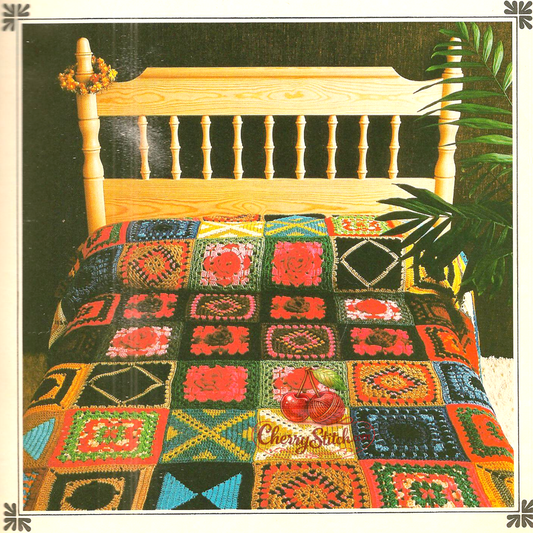 Vintage 1970s granny patchwork cover afghan crochet pattern. 10 different granny square designs including the iconic raised 3D rose flower motif. 5-ply Sport yarn, 82'' x 98''. US crochet terms.