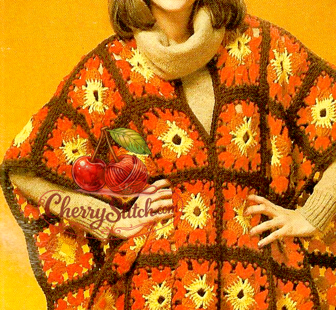 Close-up of granny square detail on vintage 1978 women's poncho serape crochet pattern. Restored boho retro design in Worsted Aran — 60 squares in 4 colours, each square 5.5''.