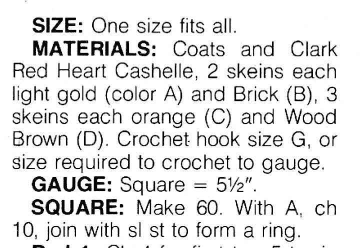 Materials and measurements for vintage 1978 women's granny square poncho serape crochet pattern — 60 squares in 4 colours, Worsted Aran weight, each square 5.5'', one size fits all. US crochet terms.