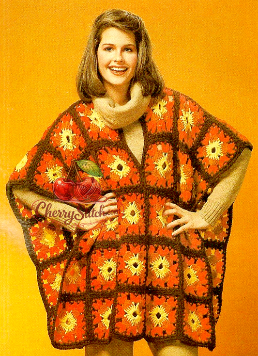 Vintage 1978 women's granny square poncho serape crochet pattern. 60 granny squares in 4 colours, boho retro homewear style. Worsted Aran weight, one size fits all. US crochet terms.