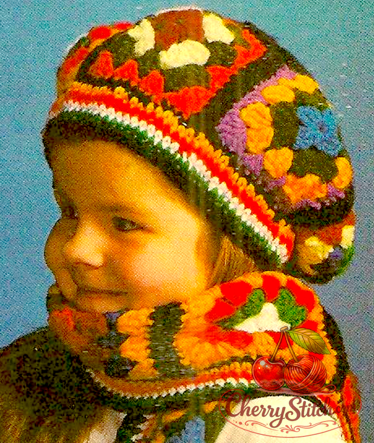 Close-up of granny square beret from vintage 1978 child's beret and fringed scarf set crochet pattern. Restored retro design in DK — 14 colours, each square 3.5'', a brilliant stash-buster project.