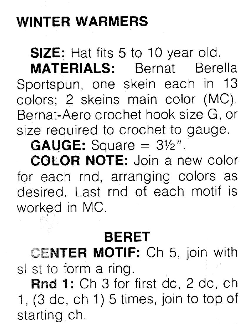 Materials and measurements for vintage 1978 child's granny square beret and fringed scarf set crochet pattern — 14 colours, DK yarn, each square 3.5'', ages 5–10 years. US crochet terms.