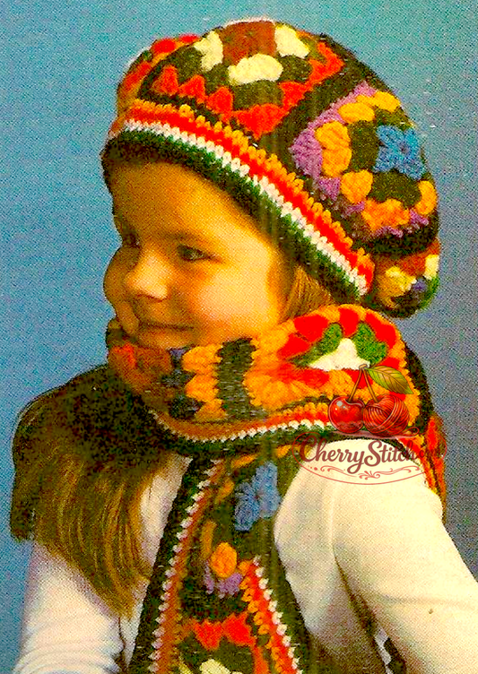 Vintage 1978 child's granny square beret and fringed scarf set crochet pattern. Bright colourful winter set in 14 colours, DK yarn. Ages 5–10 years. Each square 3.5''. US crochet terms.