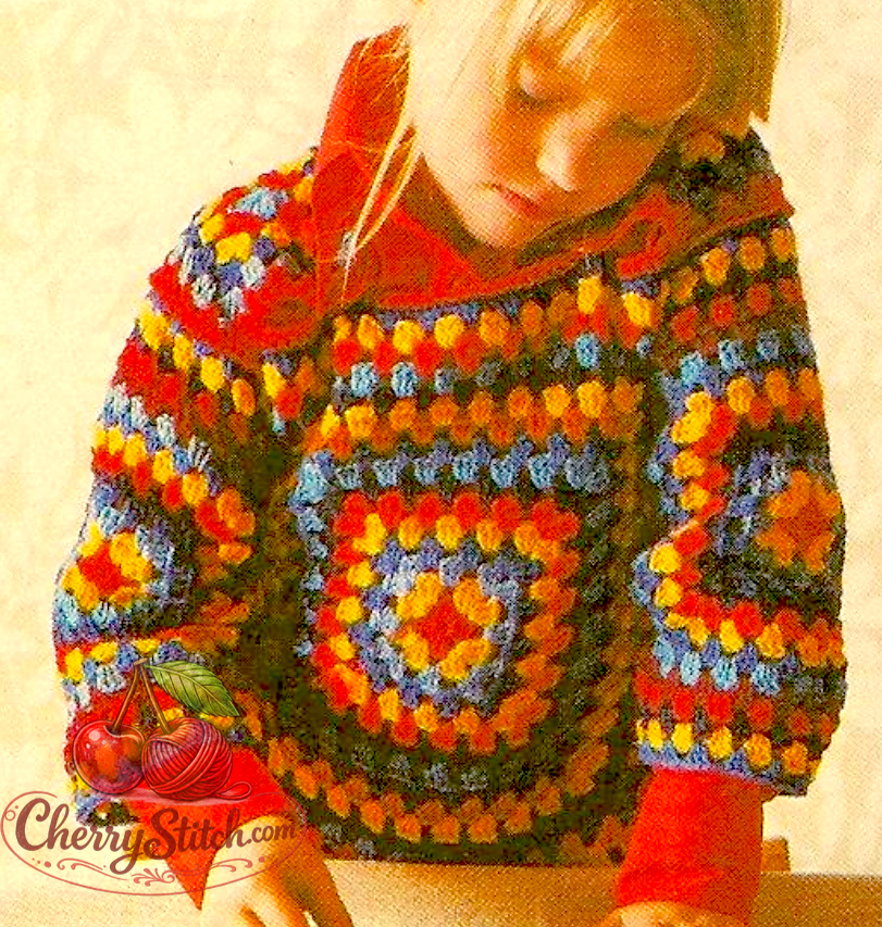Close-up of granny square construction on vintage 1978 child's top vest crochet pattern. Playtime Popover — restored retro design in Sport/DK, 6 squares in 3 sizes building front, back, sleeves and shoulders.