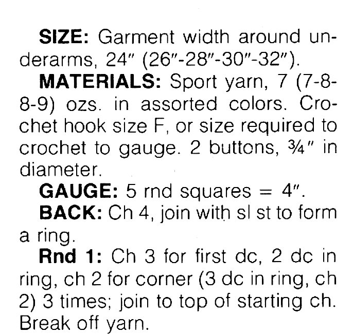 Materials and measurements for vintage 1978 child's granny square top vest crochet pattern — Playtime Popover, Sport or thin DK yarn, 24'' – 26'' – 28'' – 30'' – 32'' underarm width, approx. ages 2–10. US crochet terms.