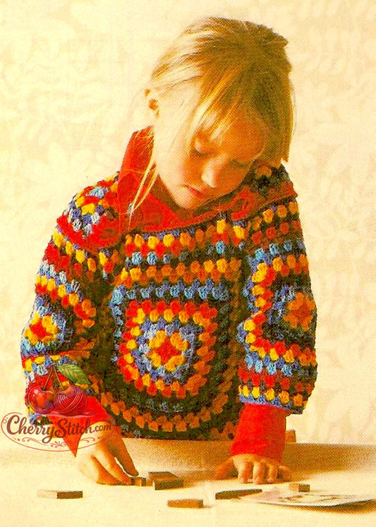 Vintage 1978 child's granny square top vest crochet pattern. Playtime Popover — 6 squares in 3 sizes, bright colourful construction. Sport or thin DK yarn, 24''–32'' underarm, approx. ages 2–10. US crochet terms.
