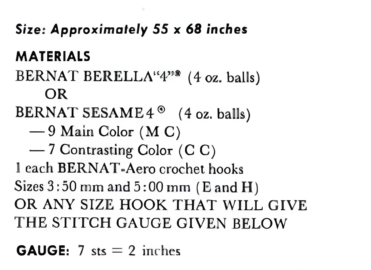 Materials and measurements for vintage 1968 domino afghan blanket crochet pattern — 7 domino tile strips, two colours, full fringe, Worsted Aran weight, 55'' x 68''. US crochet terms.