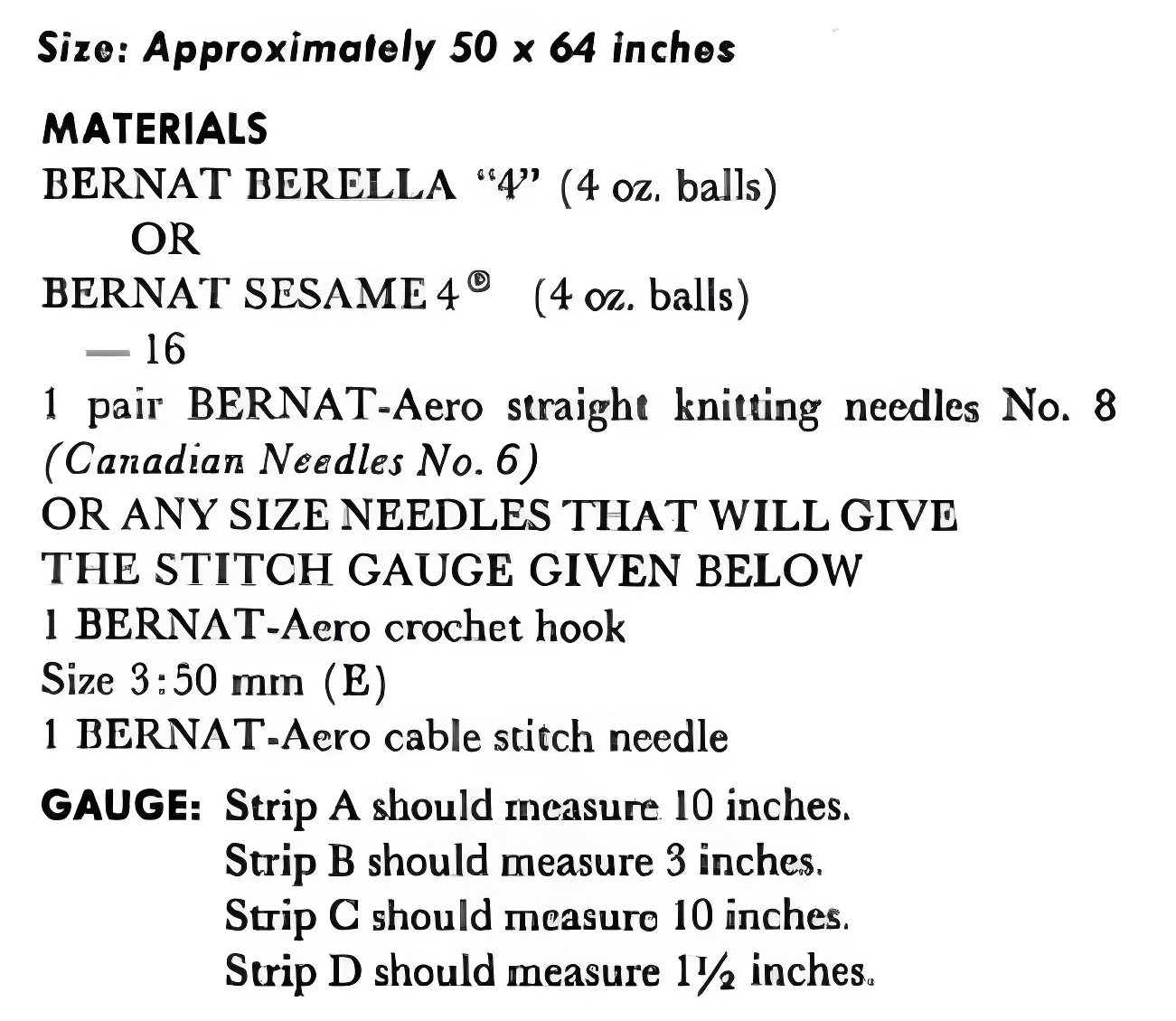 Materials and measurements for vintage 1968 Aran afghan blanket knitting pattern — Mock Honeycomb, Cables, Chain Cables and Bobbles strips, fringed, Worsted Aran weight, 50'' x 64''.