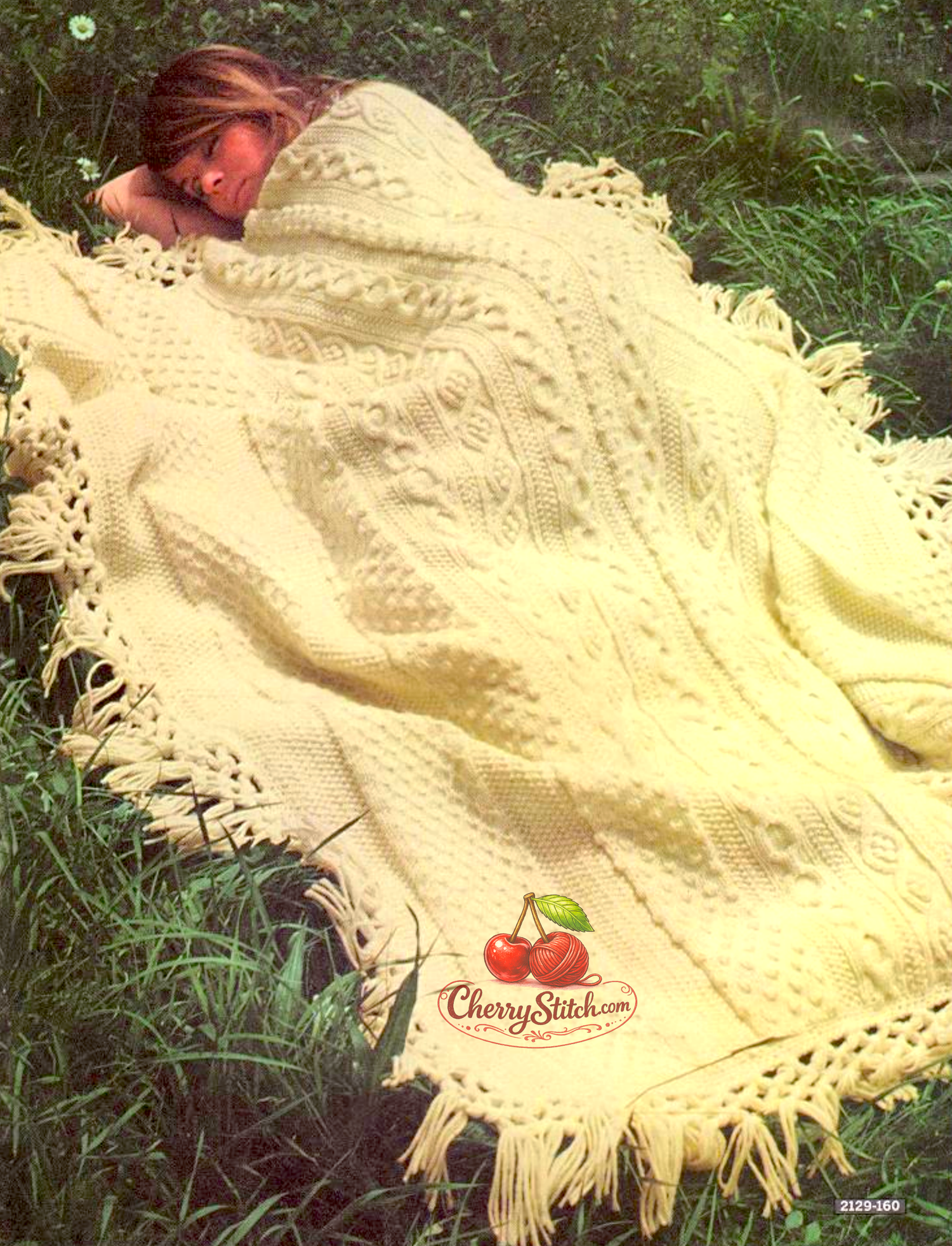 Vintage 1968 Aran afghan blanket knitting pattern. 4 different Aran stitch strips — Mock Honeycomb, Aran Cables, Chain Cables and Bobbles. Fringed edge, Worsted Aran weight, 50'' x 64''.