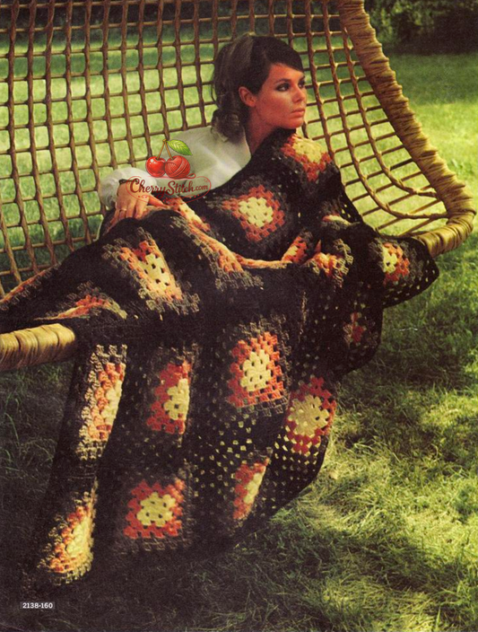 Vintage 1968 granny square afghan blanket crochet pattern. 24 large granny squares in 4 colours, double and treble crochet. Worsted Aran weight, 40'' x 60'', each square 10''. Easy beginner project. US crochet terms.
