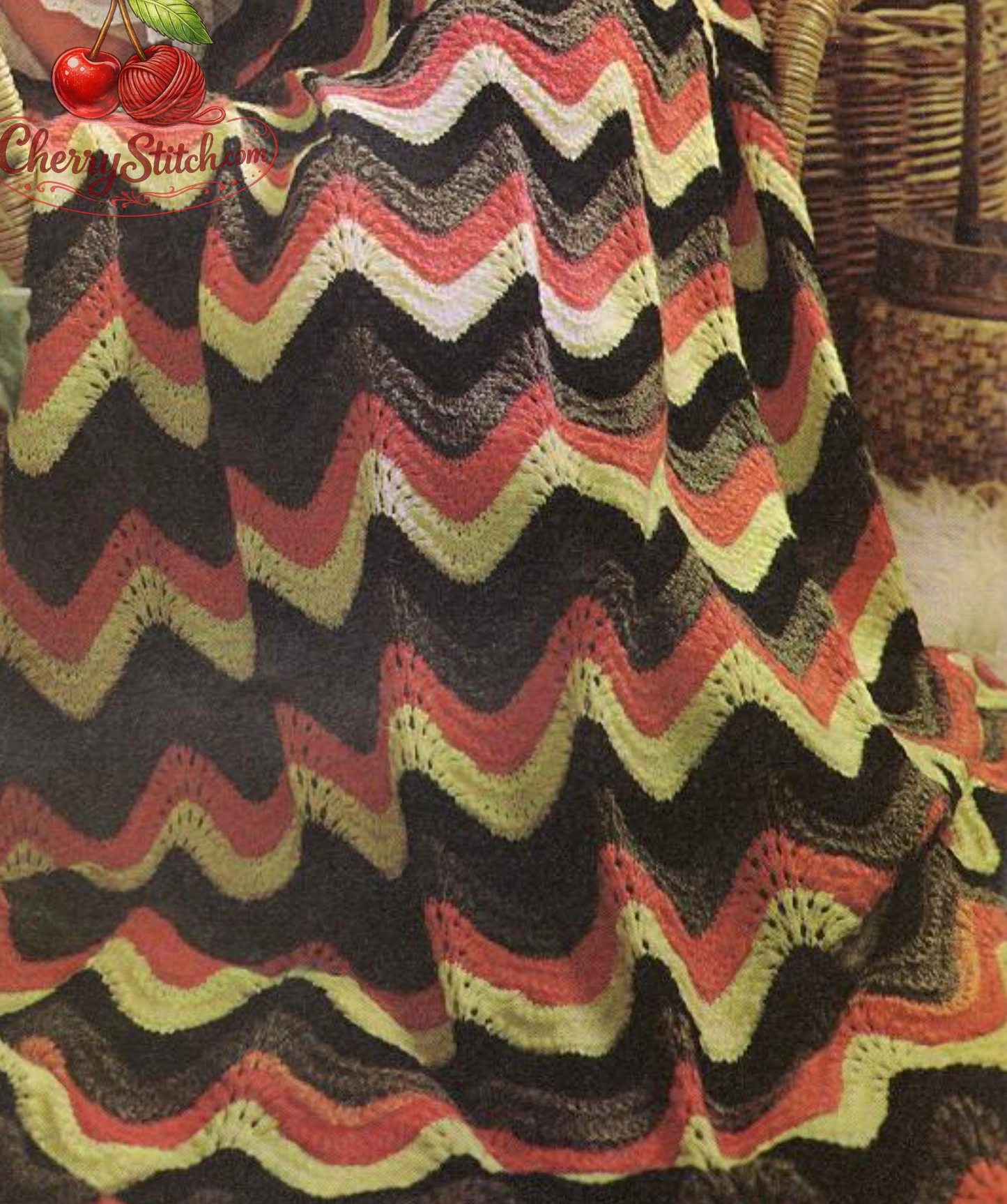 Close-up of chevron ripple wave detail on vintage 1968 afghan blanket knitting pattern. Restored classic design in Worsted Aran — undulating waves in 4 colours, easy 4-row repeat.